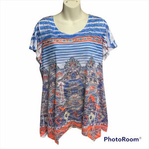 Hannah blue floral shark bite hem shirt size L